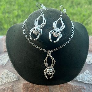 skull spider set earrings necklace goth halloween silver plated stainless steel